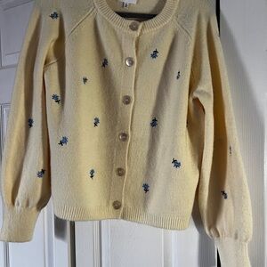 Charming Yellow Cardigan with Blue Floral Accents